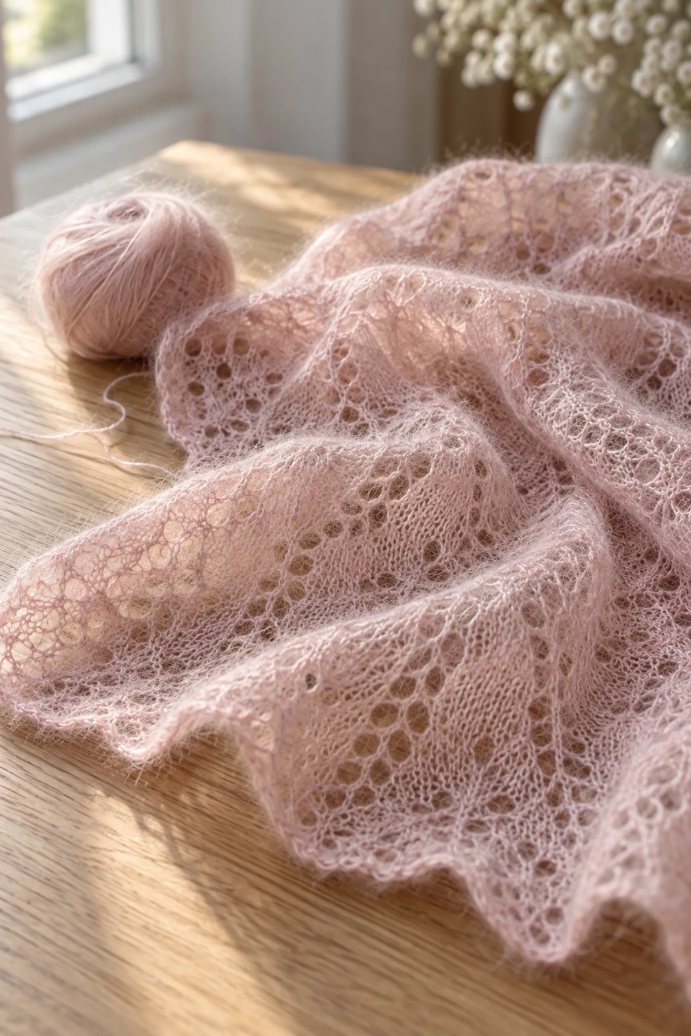 Feines Lacegestrick in Altrosa mit Knäuel