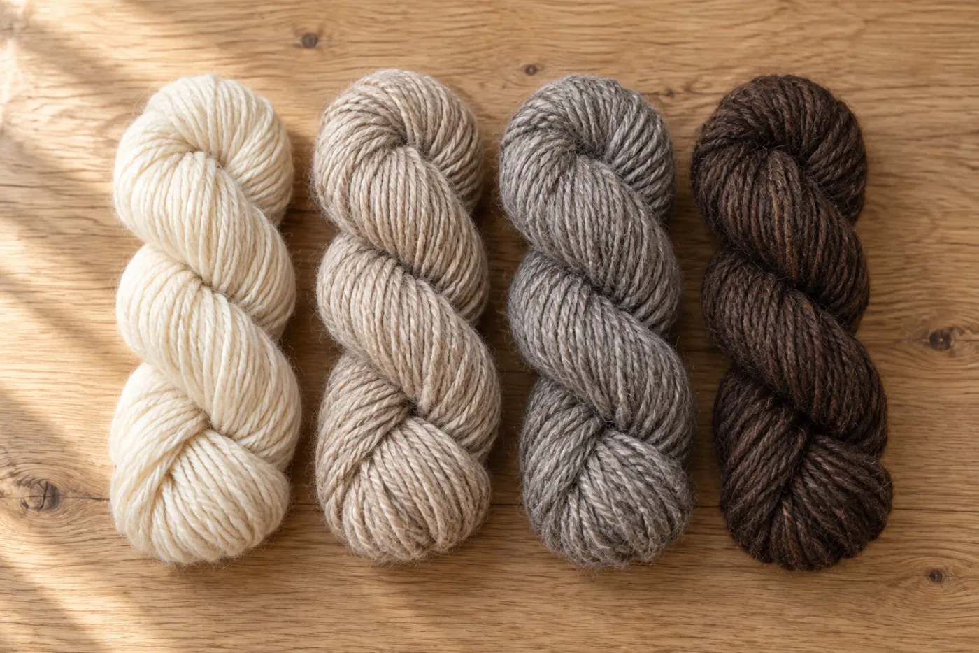 Vier Stränge ungefärbter Naturwolle in Creme, Hafer, Grau und Dunkelbraun